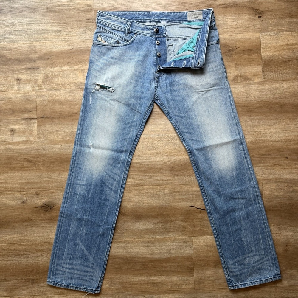 Diesel Iakop Jeans Men 31x30 Blue Slim Tapered Distressed Light Wash Denim 0816P